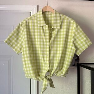 WAYRE green white gingham plaid short sleeve button up boxy tie front shirt top